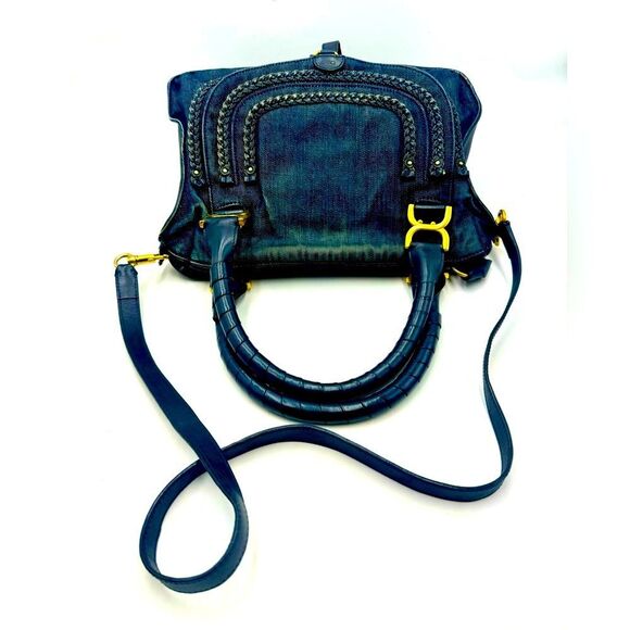 Auth Chloe Dark Blue Denim & Leather Medium Marcie Double Satchel Preloved - Picture 4 of 15